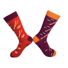 Load image into Gallery viewer, House Of Shon Sushi Everyday fun eclectic novelty crazy socks. Featuring a pair of men's socks with two different types of sushi on each pair.