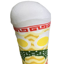 Load image into Gallery viewer, You can never be sad eating ramen noodles! But the other side of the women's Ramen noodle Eclectic Sock features a sad face with the egg and seaweed design.