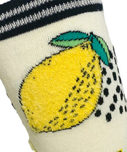 Load image into Gallery viewer, A close up of the textured lemon of the Women's Don't Be Bitter Lemon Eclectic fun novelty socks for women from House Of Shon.