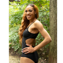 Load image into Gallery viewer, House of Shon black one piece swimsuit with front covered mesh cut outs on the tummy and hips, and an open cut out lower back.
