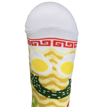 Load image into Gallery viewer, One pair of the Women&#39;s Ramen Noodle Eclectic socks  that shows a happy face made from the egg and seaweed design.
