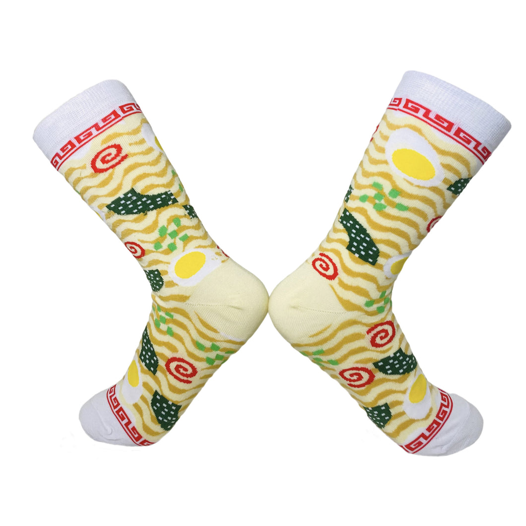 A pair of fun women's novelty socks that features a ramen noodle design.