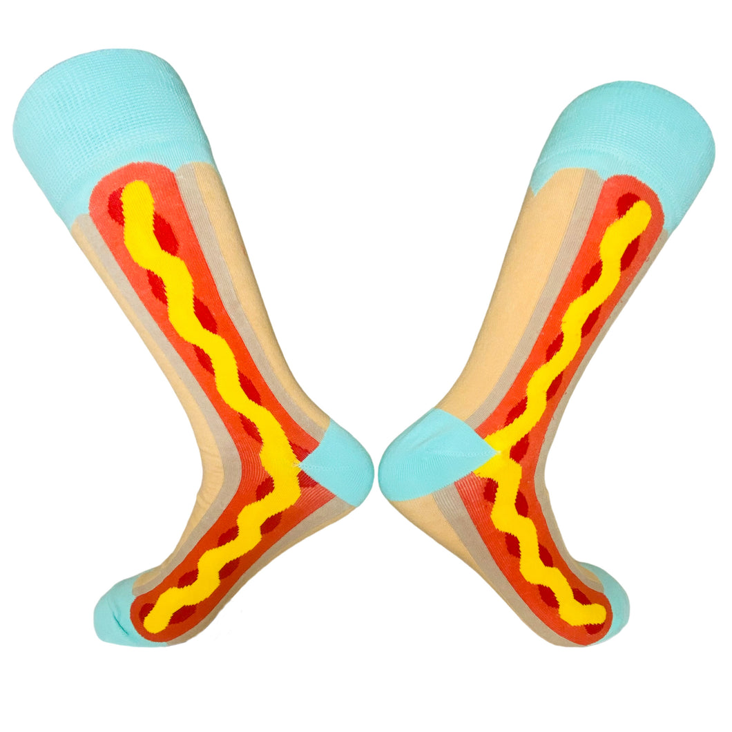 A pair of Men's fun novelty ecletctivc crazy socks that resembles a hot dog with ketchup and mustard in a bun.