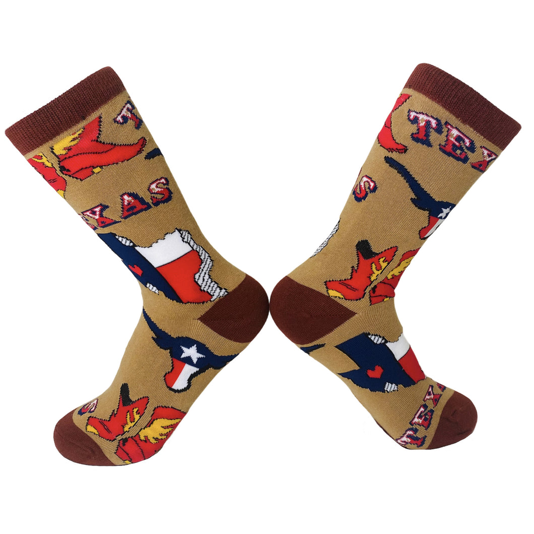 Celebrate your Texas love with these Wome's Texas Love Lone Star Eclectic Socks. Featuring a Theme of Texas, cowboy boots, and a Texas long horn, everyone will know your have love for the state of Texas!