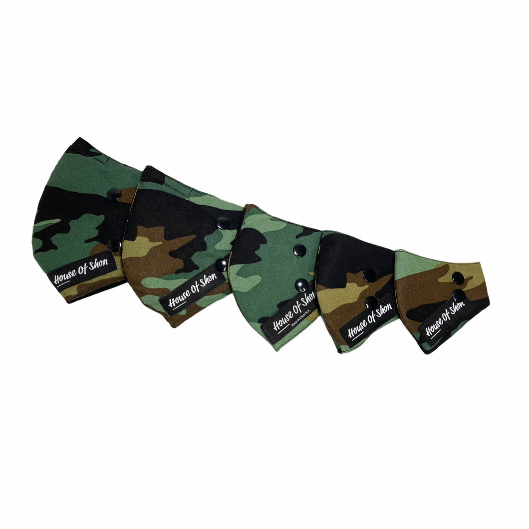 A 100% cotton face mask in a camouflage print. Comes with snaps to hold the comfortable ear ties you cut to your desired length.