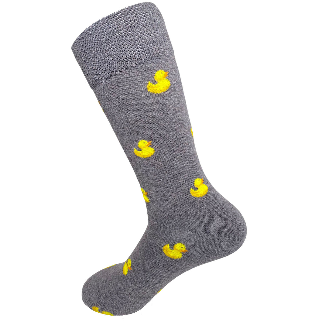 House Of Shon Men Like Duckies Too Eclectic fun novelty socks . These socks are a grey crew style and features an all over rubber duck design.