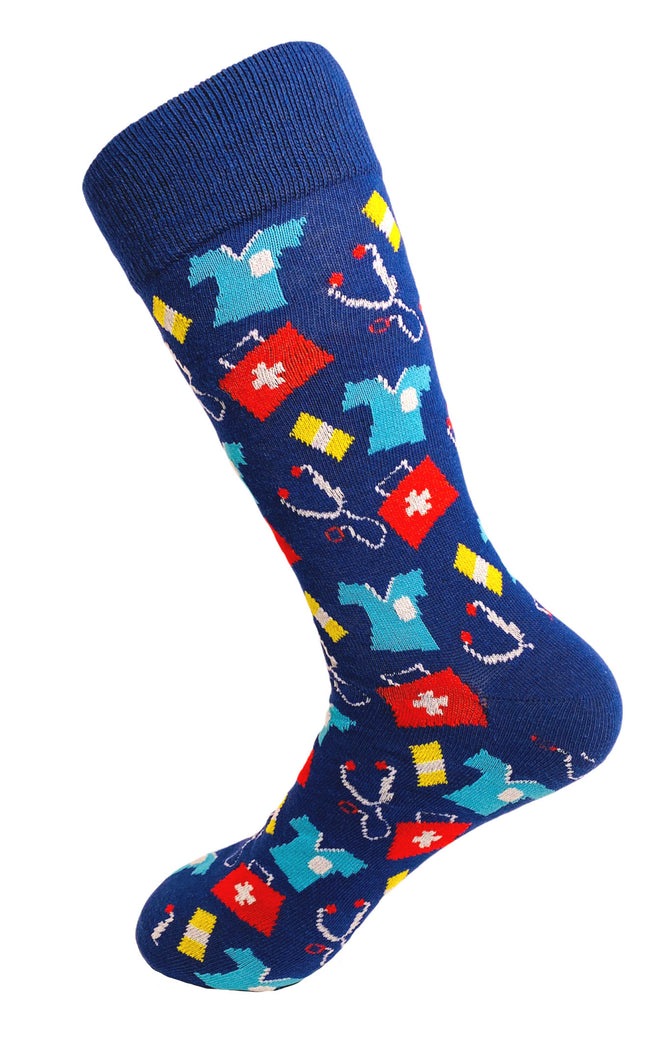 House Of Shon Men's Eclectic fun novelty socks featuring an all over health care design theme with a stethoscope, scrub top, doctors bag, and band-aid.